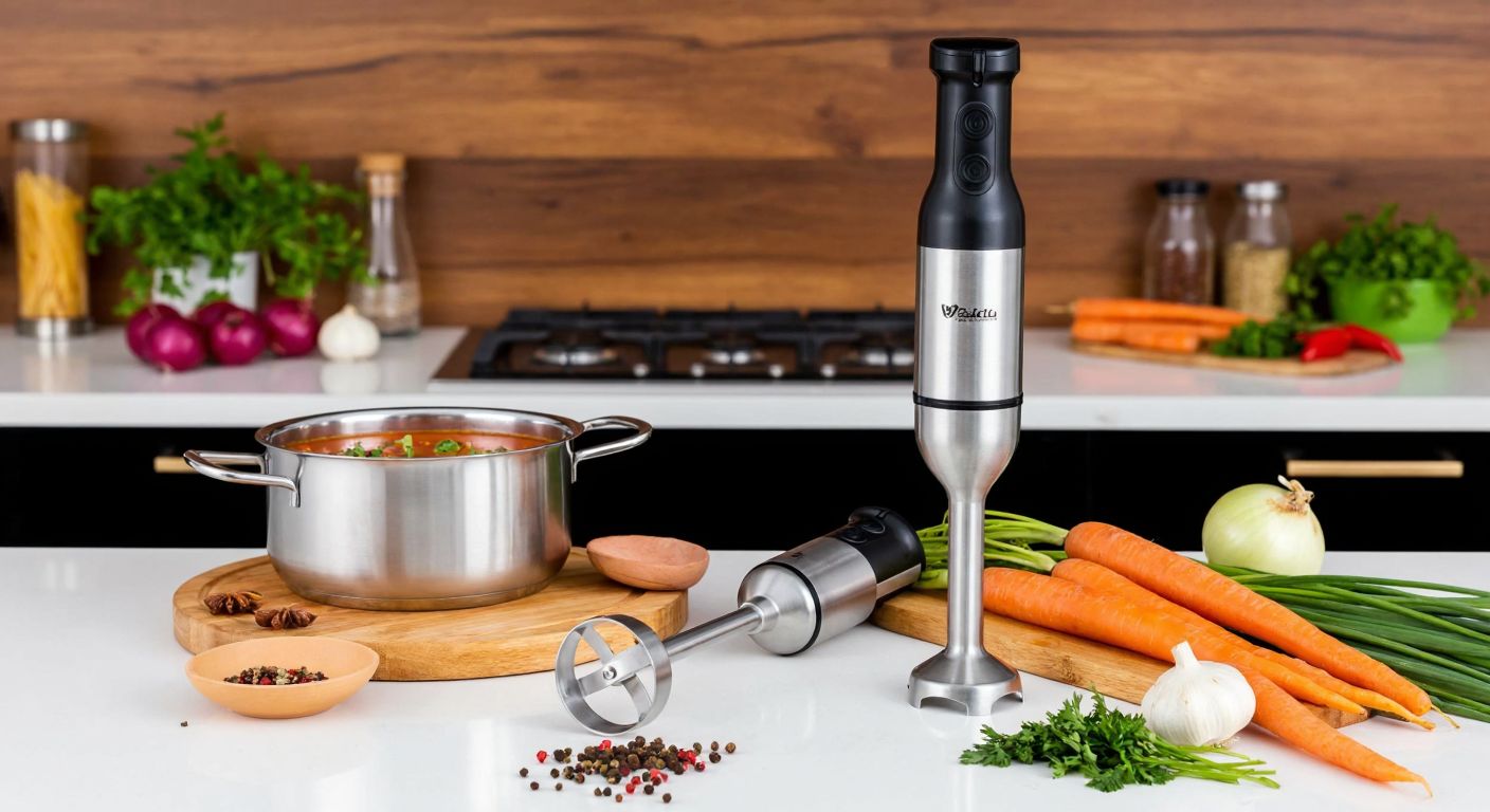 A stainless steel hand blender set on a Turkish kitchen counter, surrounded by fresh ingredients like onions, carrots, and spices, with a steaming pot of soup nearby.
