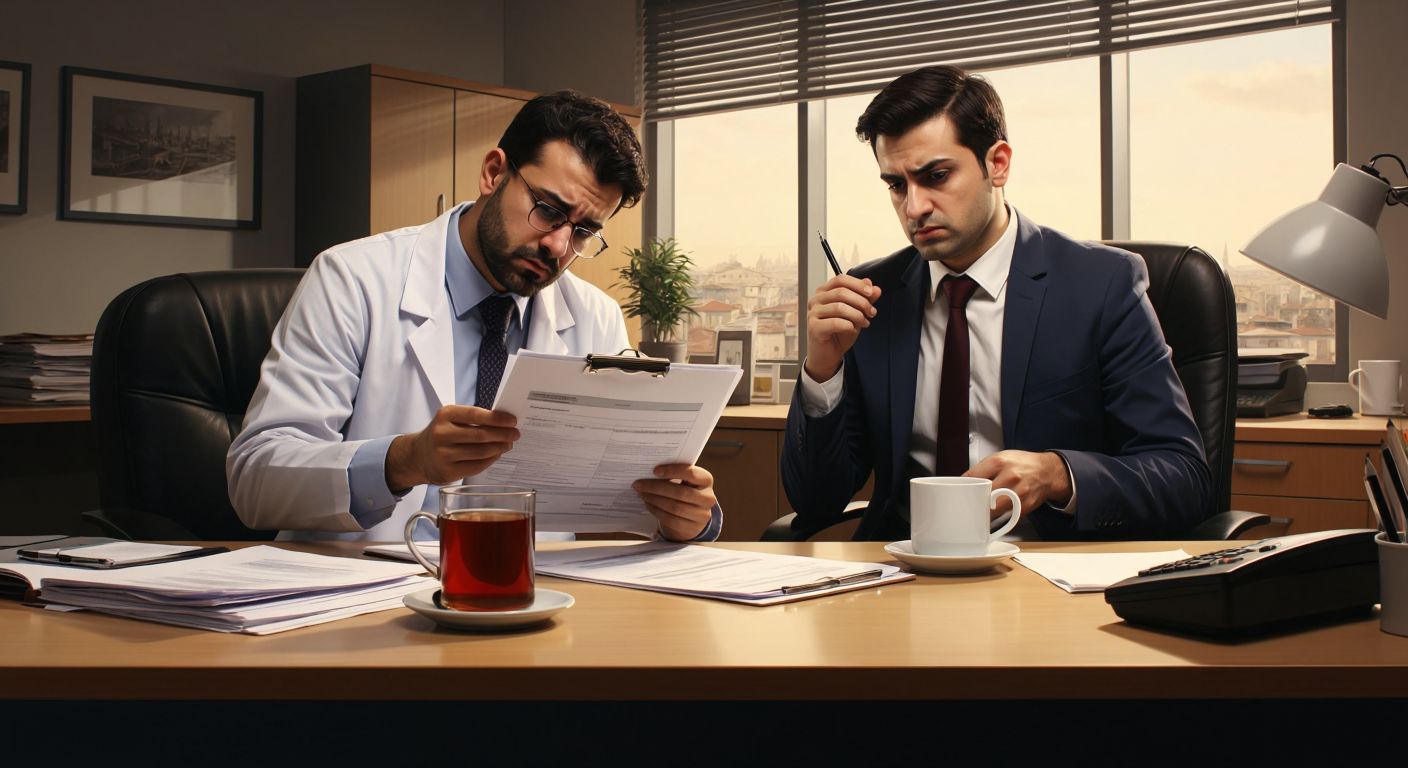 A tired worker in a Turkish office setting holds a medical report while a stern employer reviews payroll documents, with a steaming cup of çay on the desk between them.