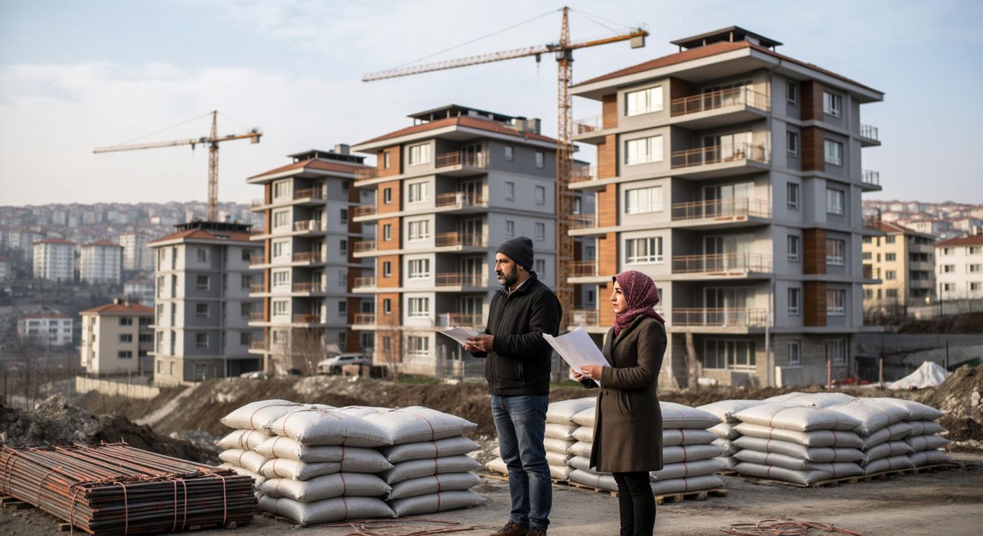 A Turkish family stands thoughtfully in front of a half-built apartment complex in Istanbul, with construction materials like cement bags and steel bars nearby, while a real estate agent shows them property documents against a backdrop of cranes and urban development.
