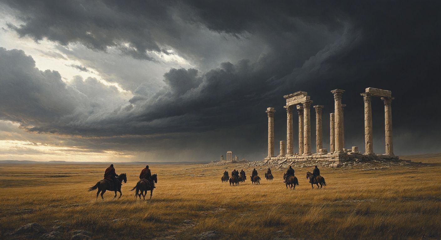 A vast, windswept Eurasian steppe with nomadic tribes on horseback, their silhouettes stark against a stormy sky, symbolizing migration and upheaval, while crumbling Roman columns lie in the distance.