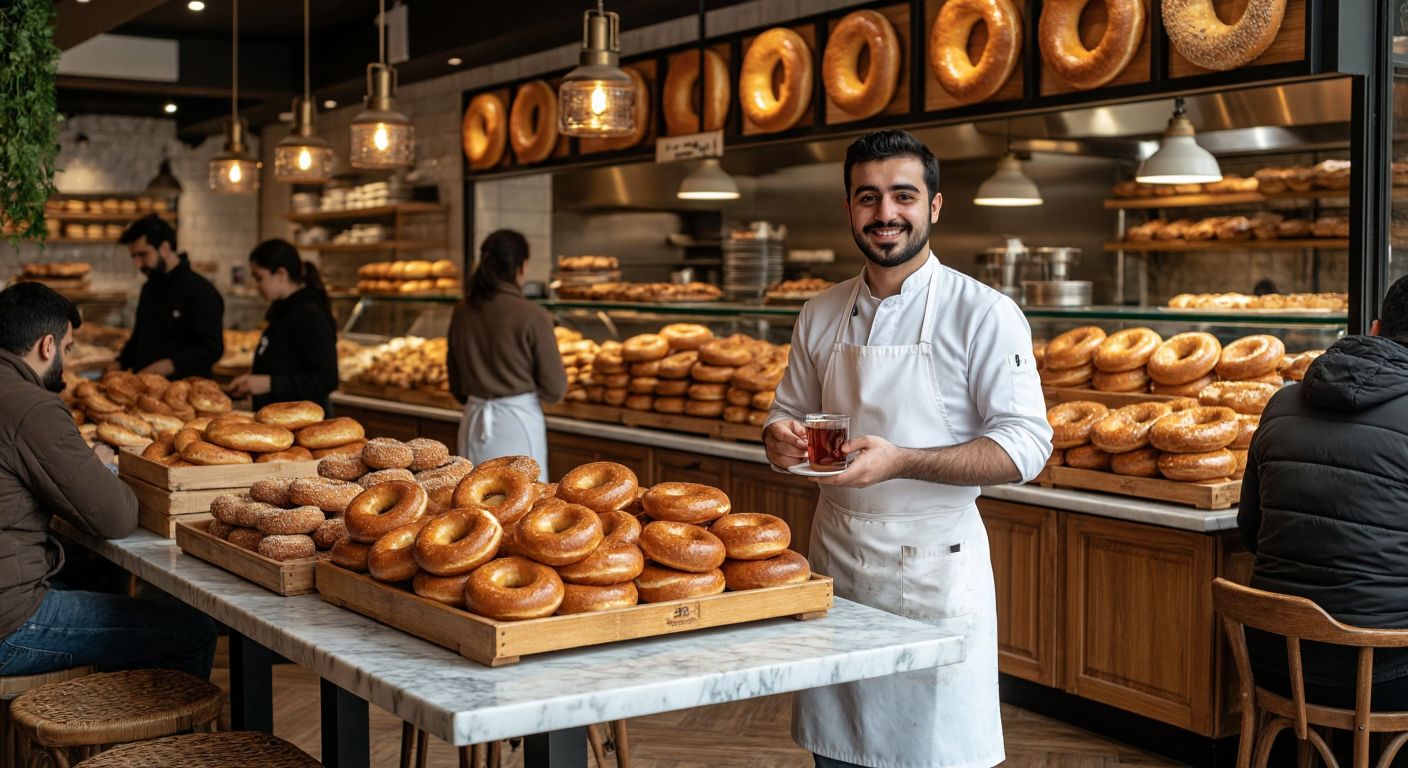 A bustling Aksaray Simit Sarayı bakery with golden-brown simits piled high on wooden trays, a smiling baker in a white apron shaking his head "no" while holding a steaming cup of çay, and customers chatting at marble-top tables under warm yellow lighting.