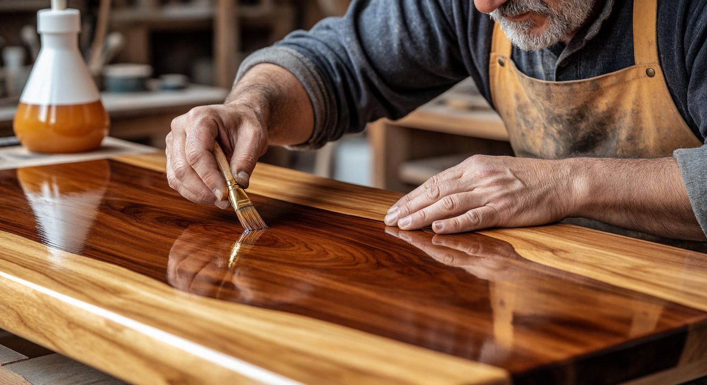 A Turkish craftsman carefully applying glossy lacquer to a wooden table while another section of the table shows a matte varnish finish, highlighting the contrast in sheen and texture.