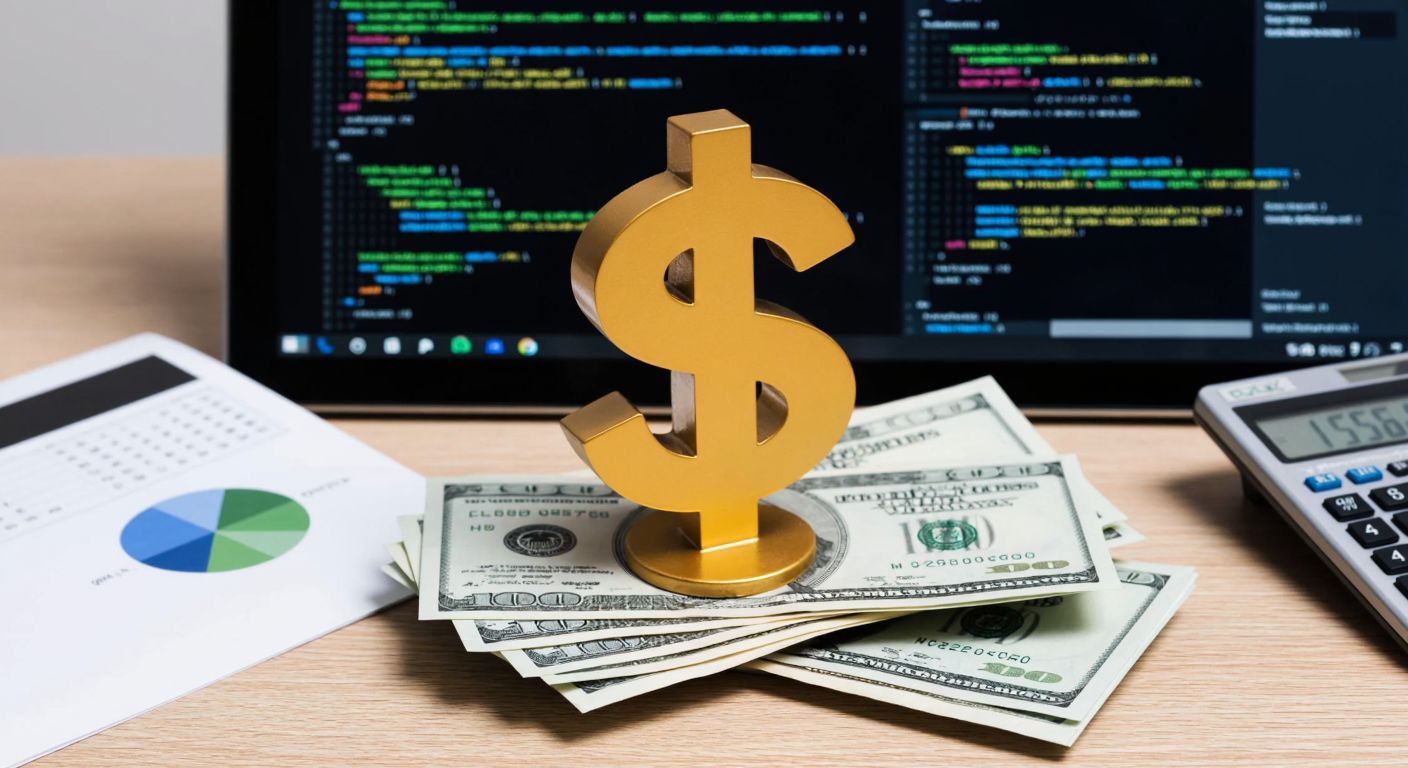 A golden dollar sign ($) floating above a stack of American dollar bills, a computer screen displaying code, and an Excel spreadsheet, all on a wooden desk with a calculator nearby.