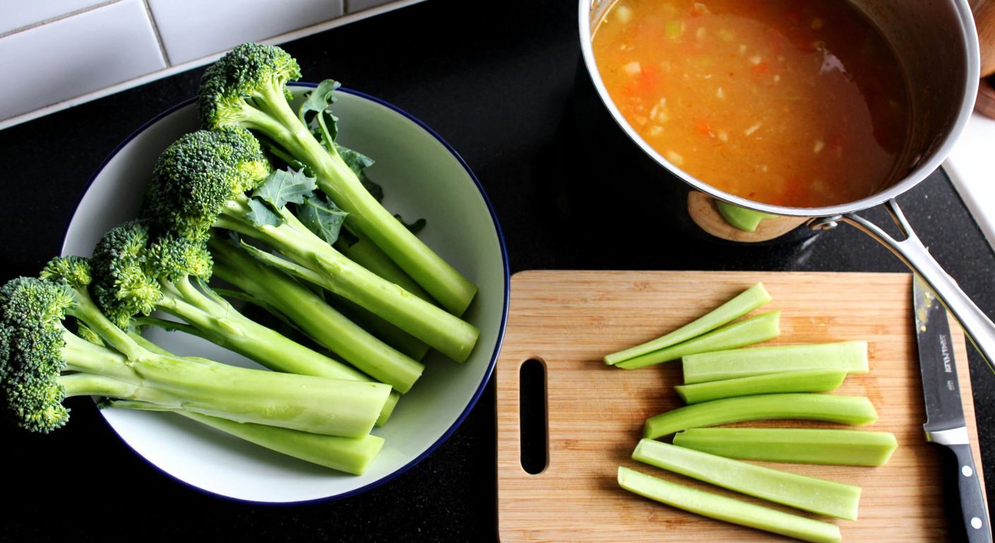 A Turkish kitchen counter with fresh broccoli stalks peeled and thinly sliced next to a pot of simmering soup, a wooden cutting board, and a knife, evoking a wholesome, home-cooked meal.
