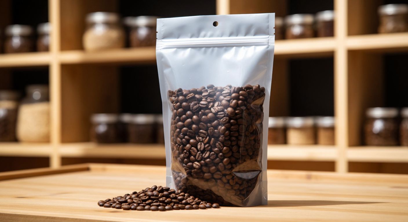 A sturdy, flat-bottomed plastic bag filled with Turkish coffee beans stands upright on a wooden market shelf, its crisp folds and smooth base reflecting durability and stability.