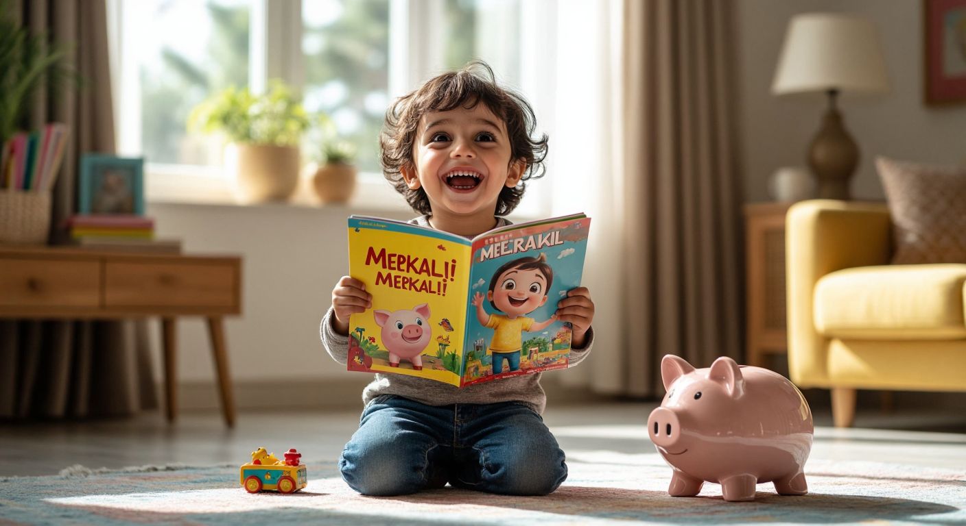 A cheerful Turkish child in a bright room holding a colorful *Meraklı Minik* magazine with a small piggy bank nearby, smiling excitedly.