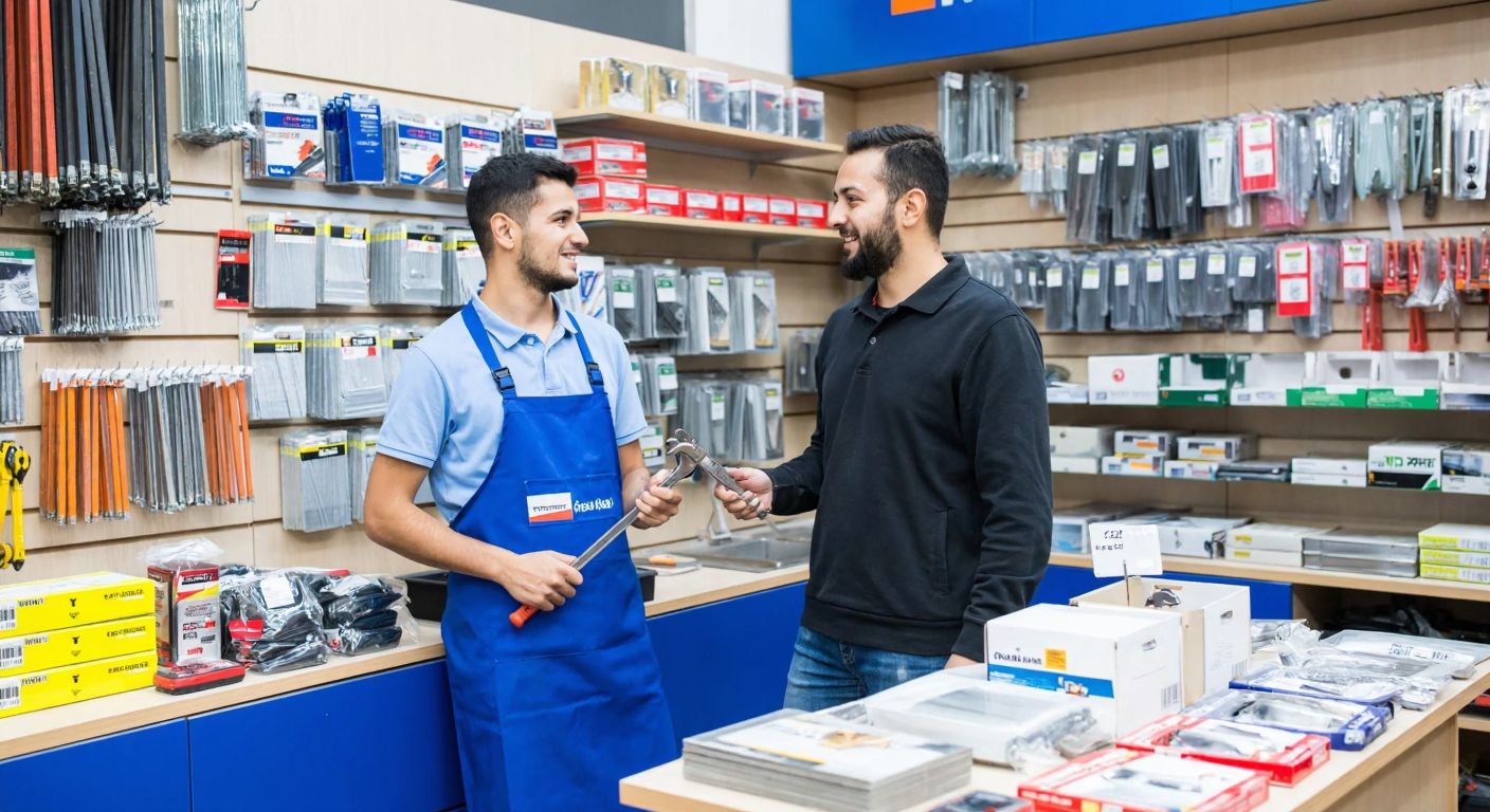 A well-lit Turkish hardware store with neatly arranged shelves displaying tools, fasteners, and construction materials, while a smiling shopkeeper in a blue work apron assists a customer holding a wrench.