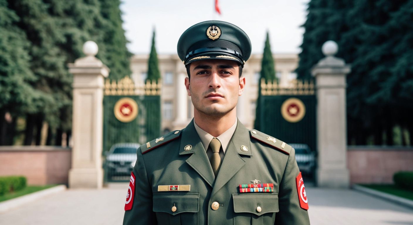 A determined young Turkish man in a crisp military uniform stands proudly in front of the gates of the National Defense University, his expression focused and hopeful.