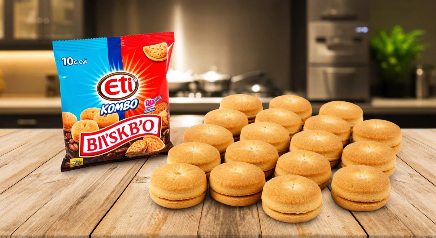 A colorful package of Eti Kombo biscuits sits on a wooden table in a Turkish kitchen, surrounded by 18 golden-brown biscuit pieces arranged neatly in rows.
