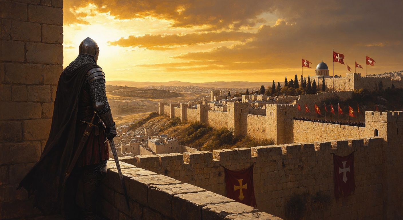 A medieval knight in chainmail stands atop a sunlit Jerusalem city wall, gazing at distant crusader banners fluttering against a golden desert horizon.