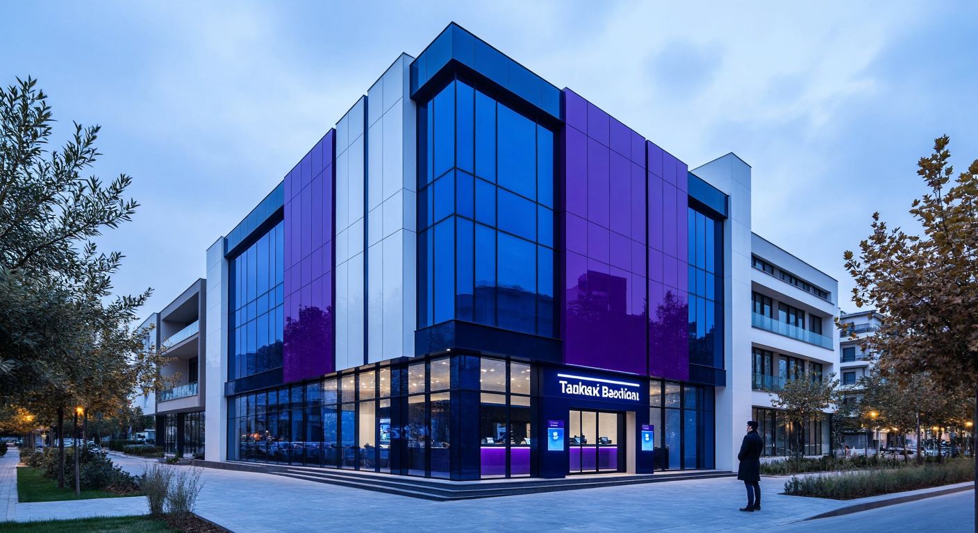 A sleek, modern bank building in Turkey with a shifting facade transitioning from blue-and-white to deep purple-and-navy tones, reflecting the logo's evolution, while a curious customer gazes thoughtfully at the entrance.