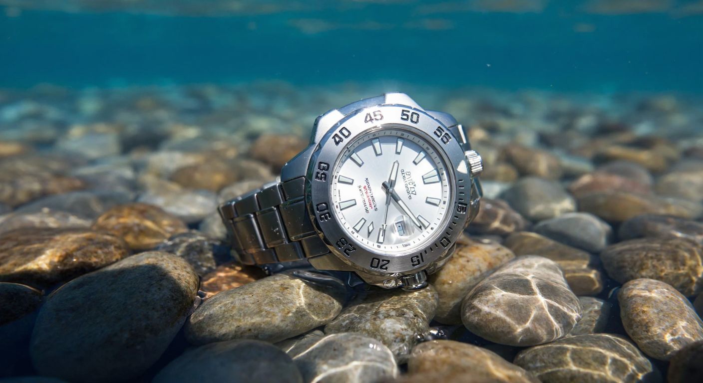 A rugged silver wristwatch submerged in clear blue water, resting on a bed of smooth pebbles, with sunlight glinting off its polished surface.