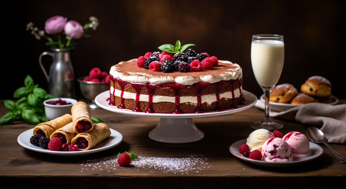A rustic Italian kitchen table laden with a golden tiramisu dusted with cocoa, creamy panna cotta drizzled with berry sauce, crispy cannoli filled with ricotta, a glass of frothy zabaglione, and colorful scoops of gelato, evoking warmth and indulgence.