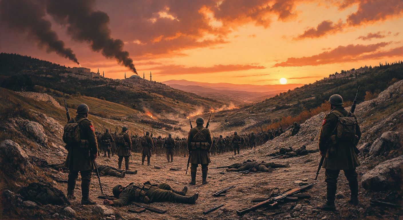 A rugged battlefield at dusk with weary but determined Turkish soldiers standing victorious amid scattered weapons and rolling hills under a fading orange sky.