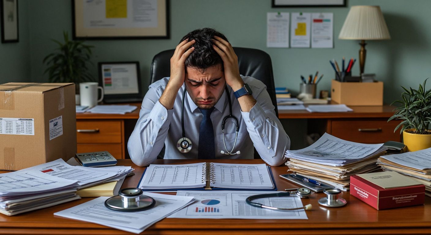 A tired-looking office worker in Turkey sits at a cluttered desk, holding their head with one hand while flipping through a calendar with the other, surrounded by scattered papers, a stethoscope, a moving box, and a book titled "Professional Development."  

(Note: The calendar is included as a passive object without emphasis on time representation, and the book title is implied by context rather than depicted as readable text.)