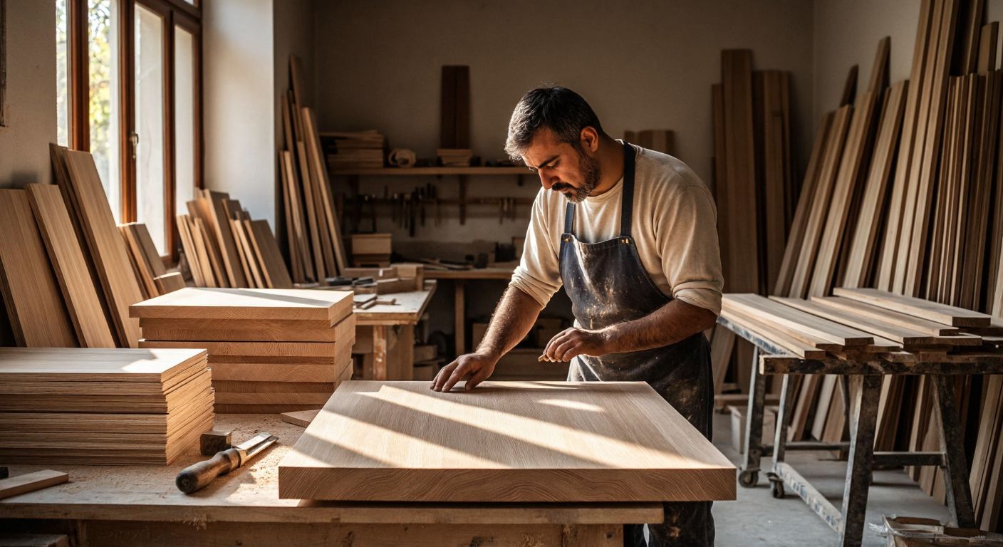 A skilled Turkish carpenter in a sunlit workshop carefully examines the grain and texture of a smooth, polished oak veneer, surrounded by stacks of different wood types and hand tools.