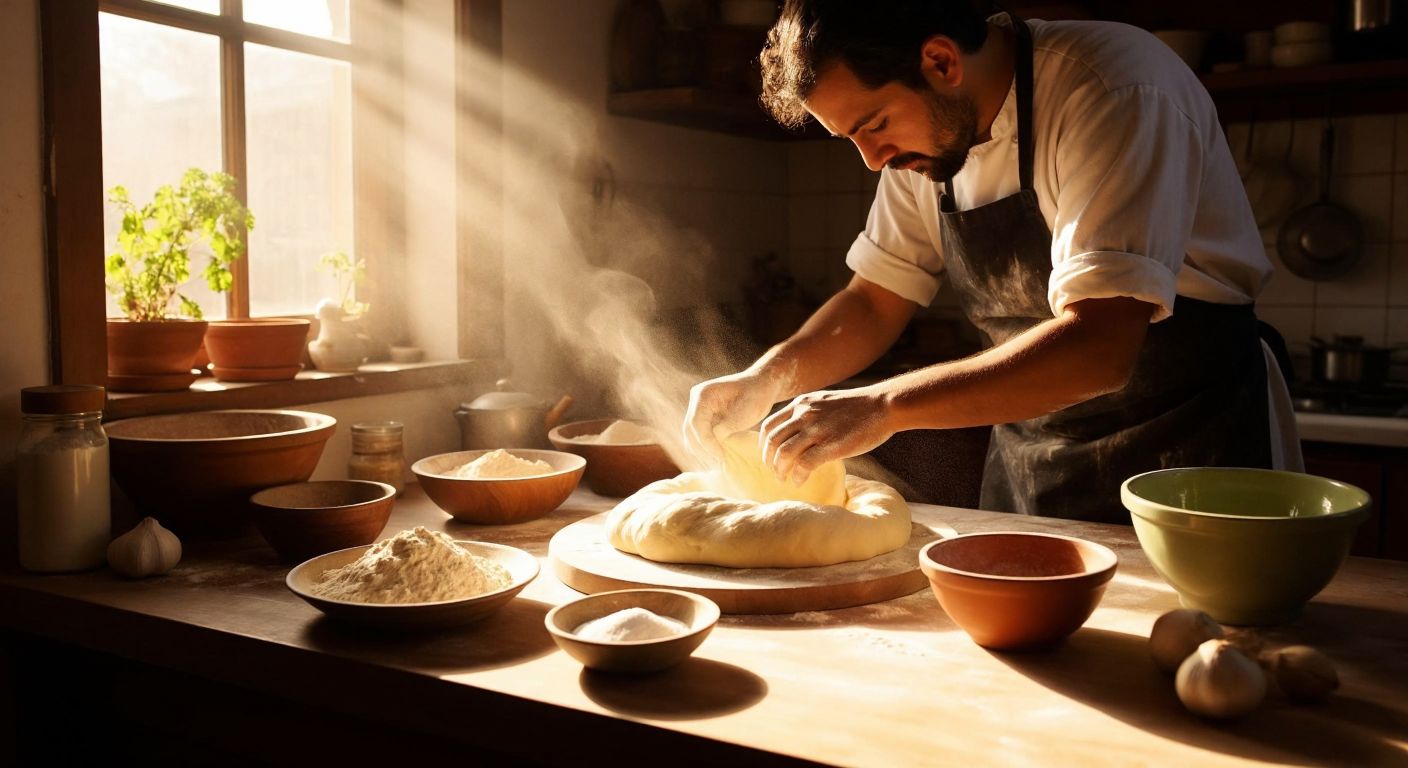 A warm, sunlit Turkish kitchen with flour-dusted hands kneading soft, elastic dough on a wooden countertop, surrounded by bowls of ingredients like yeast, sugar, and oil.