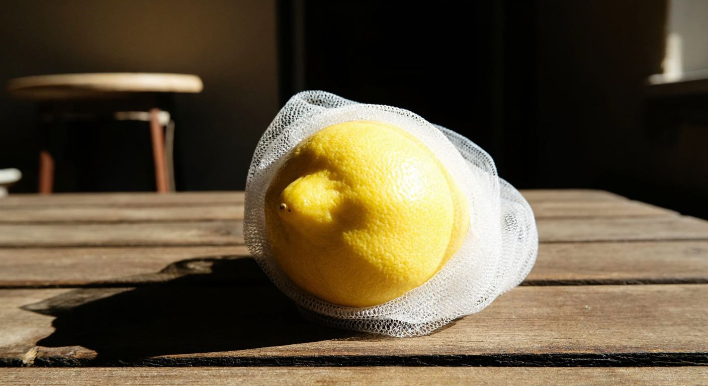 A vibrant yellow lemon nestled securely in a finely woven, translucent white mesh food net, resting on a rustic wooden table in a sunlit Turkish kitchen.