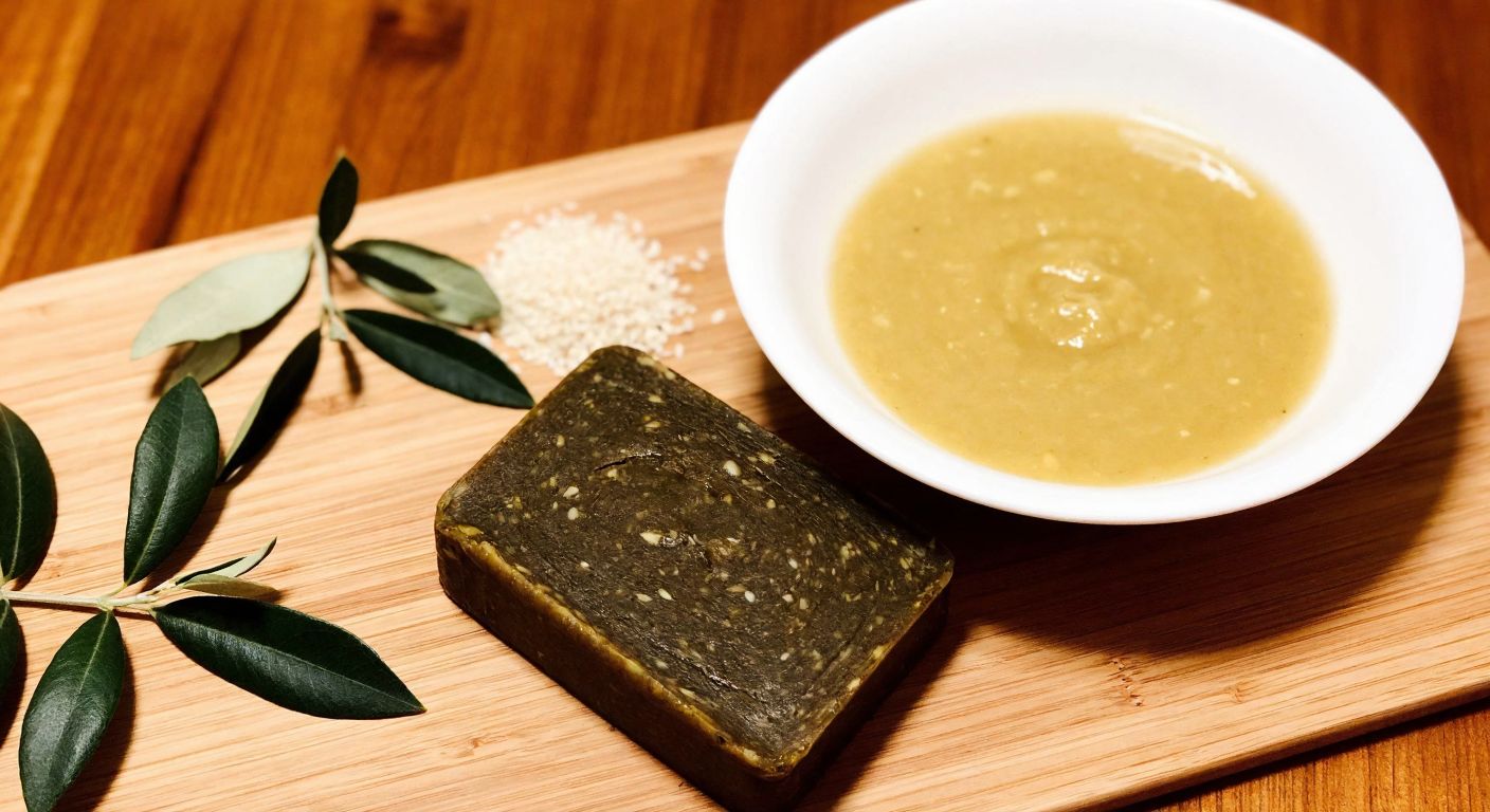 A wooden table in a Turkish kitchen holds a small bowl of golden tahini paste beside a bar of dark herbal soap, with fresh sesame seeds and green olive leaves scattered around them.