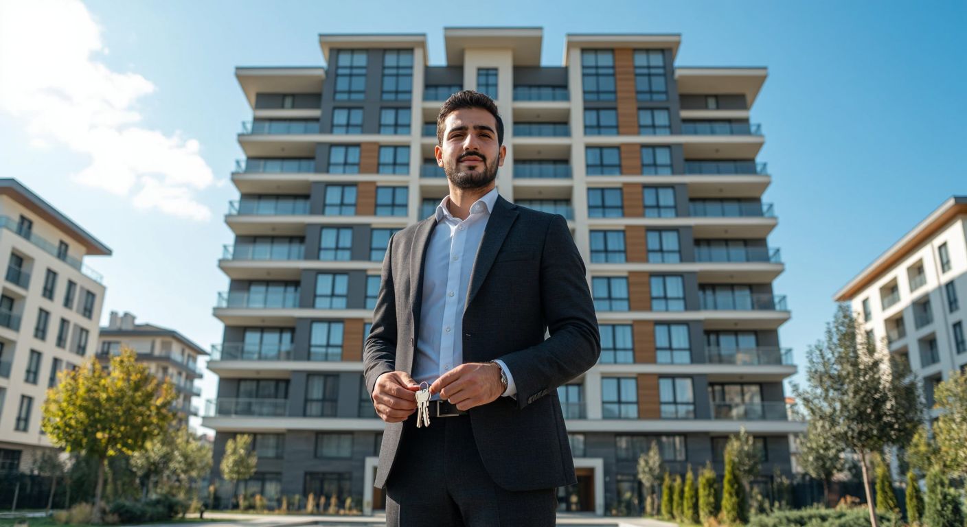 A modern high-rise apartment building in Maltepe, Istanbul, with a well-dressed Turkish businessman standing proudly in front, holding a set of keys, under a clear blue sky.