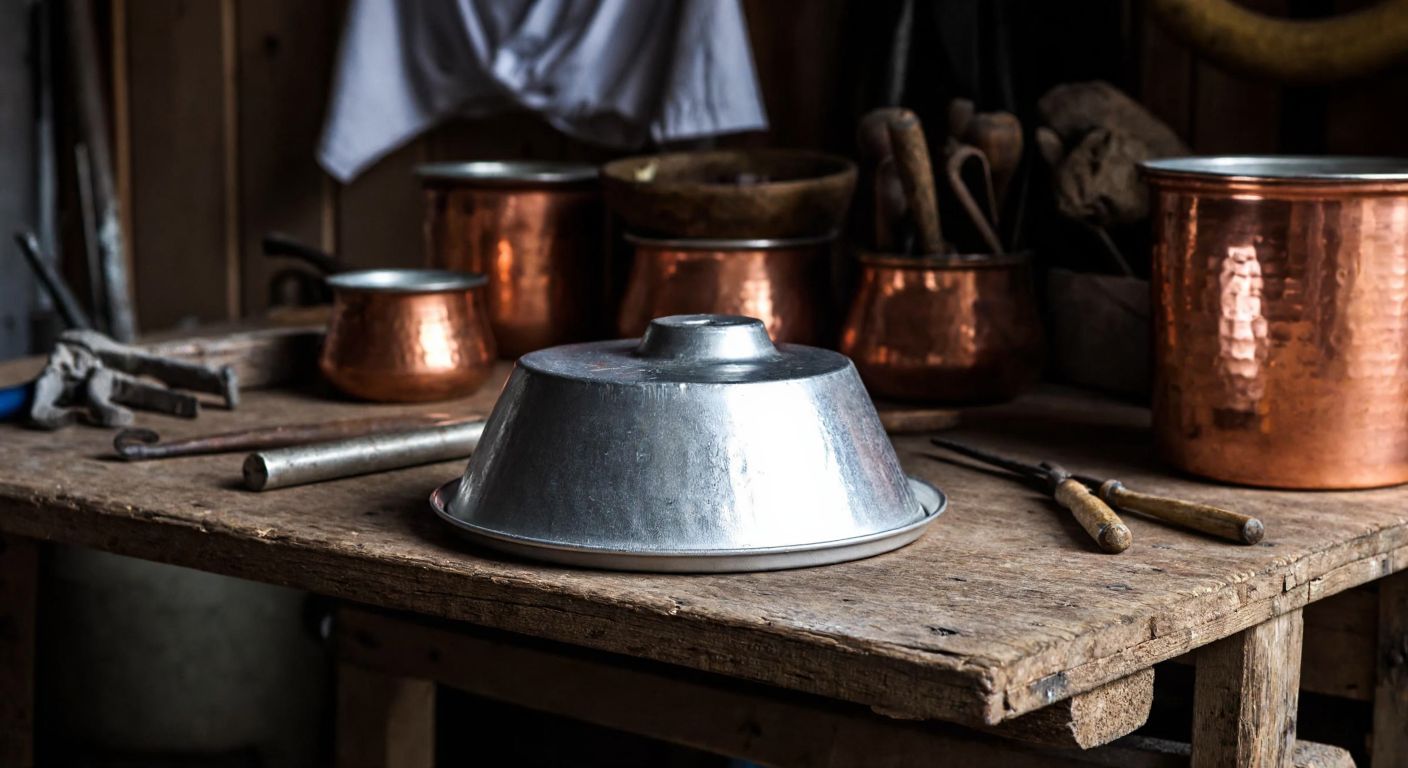 A shiny, silvery-white lump of tin (Sn) resting on a rustic wooden table in a traditional Turkish workshop, surrounded by handcrafted copper pots and tools.