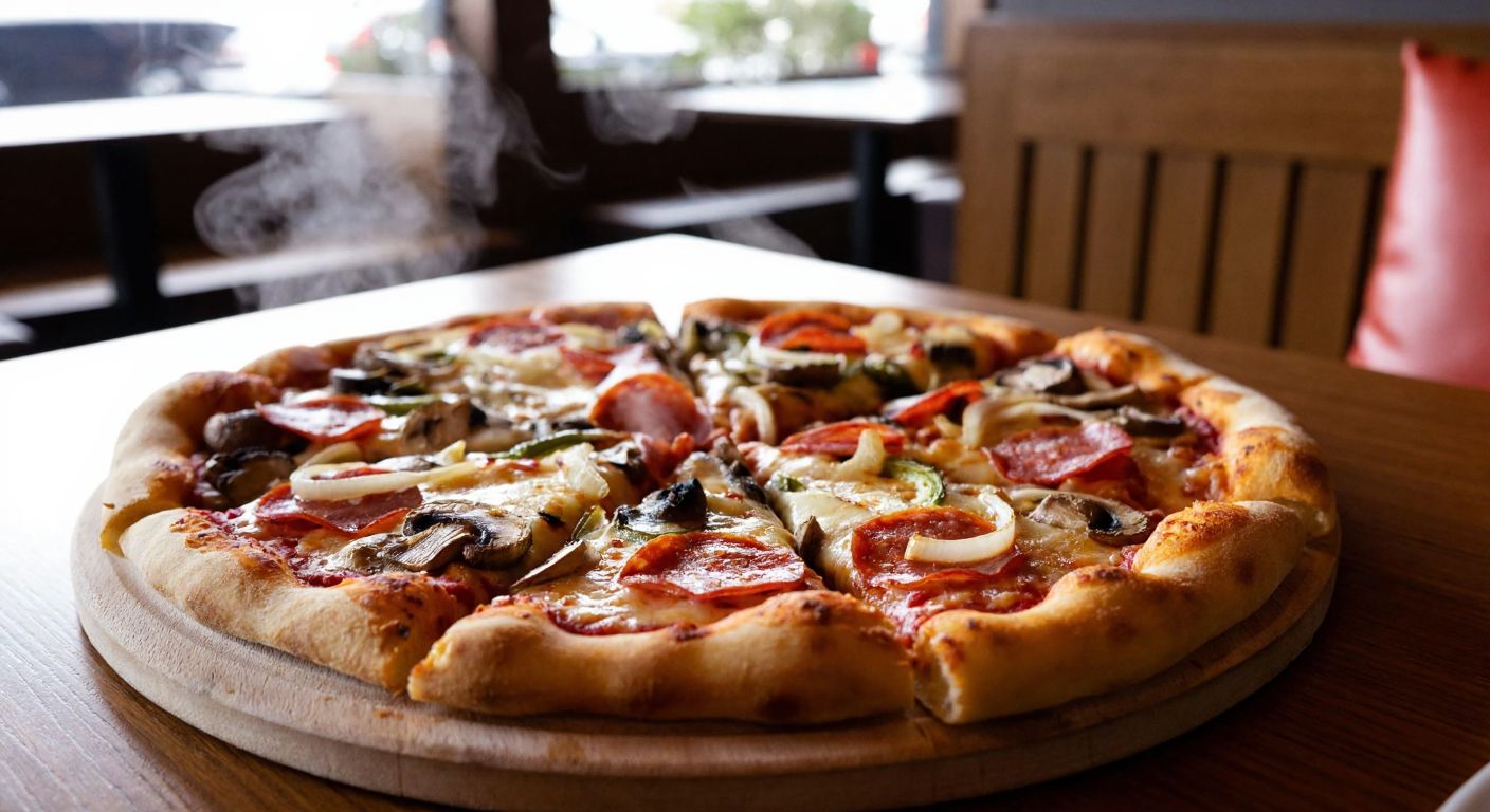 A steaming, golden-brown pizza with melted cheese stretching between slices, topped with pepperoni, mushrooms, onions, and peppers, placed on a wooden table in a cozy Turkish pizzeria.