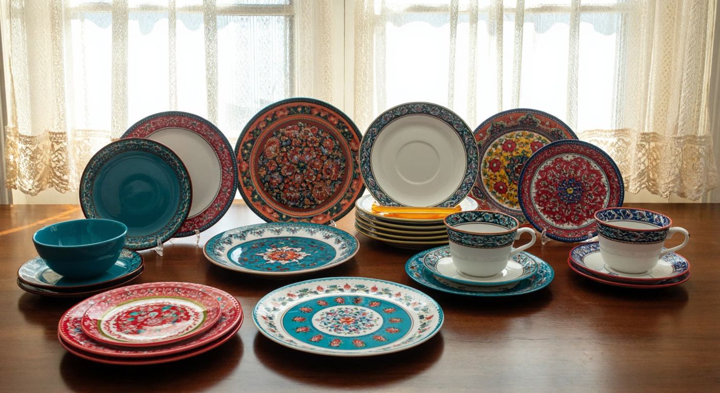 A colorful display of various-sized porcelain and ceramic cake plates (20 cm, 21 cm, and 13x19 cm) arranged neatly on a wooden table in a Turkish home, with warm sunlight streaming through lace curtains.