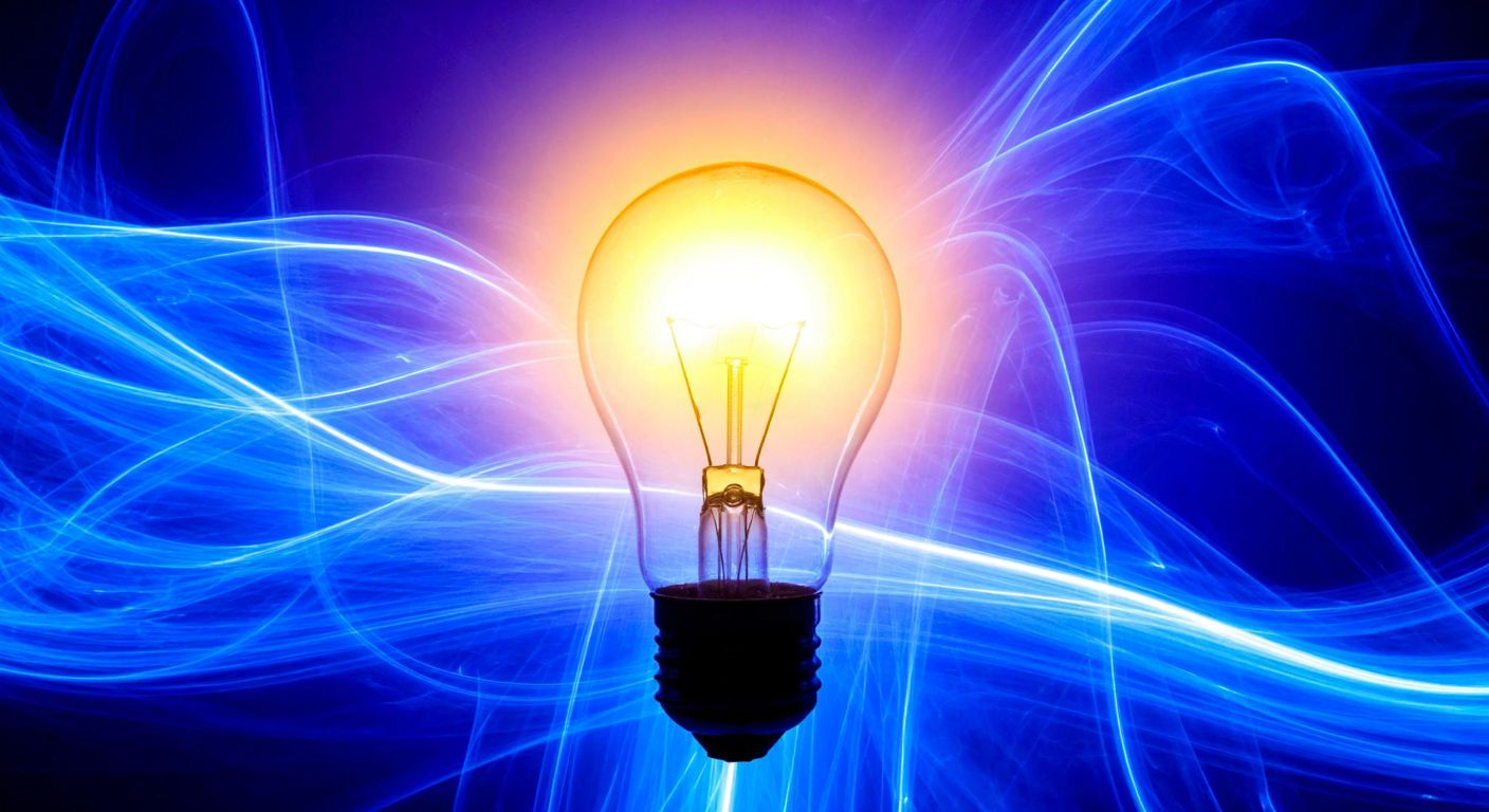 A glowing light bulb surrounded by abstract, flowing electric currents in vibrant blue and yellow hues, symbolizing the concept of electrical current and its formula.