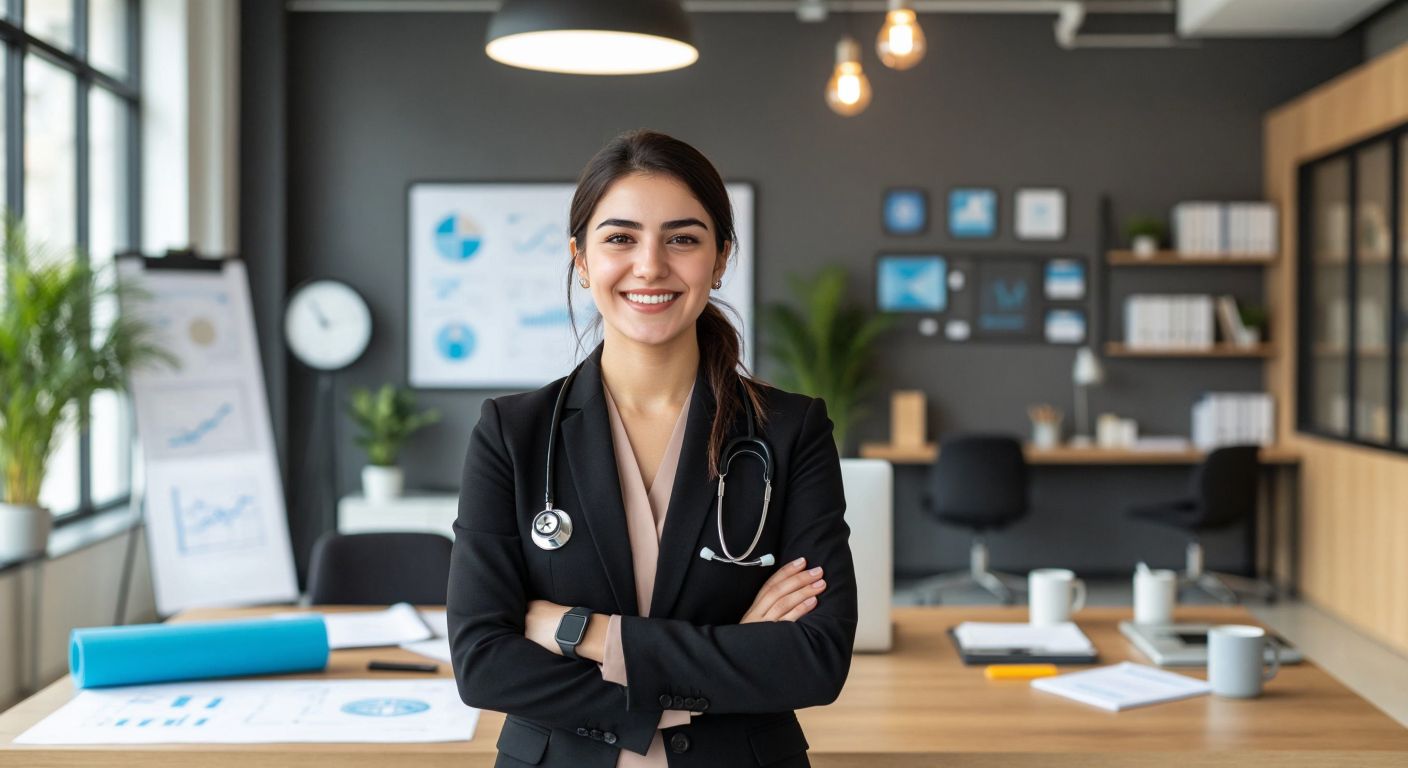 A confident Turkish woman in a modern office setting, wearing professional attire, smiling while holding a blueprint in one hand and a stethoscope in the other, surrounded by symbols of diverse careers like a yoga mat, camera, and small business logo.