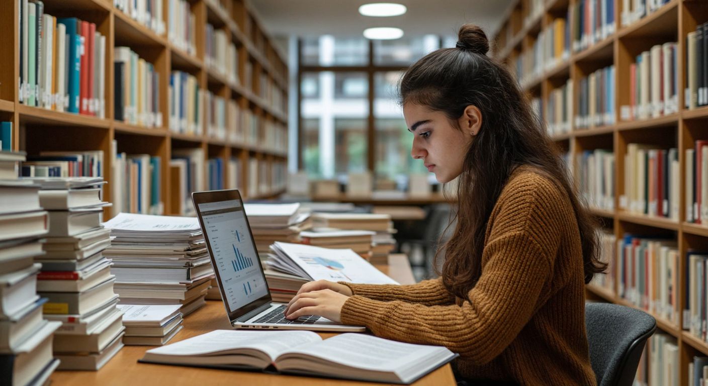 A young Turkish student in a university library, intently studying a laptop screen with graphs and a human resources textbook nearby, surrounded by stacks of academic papers.