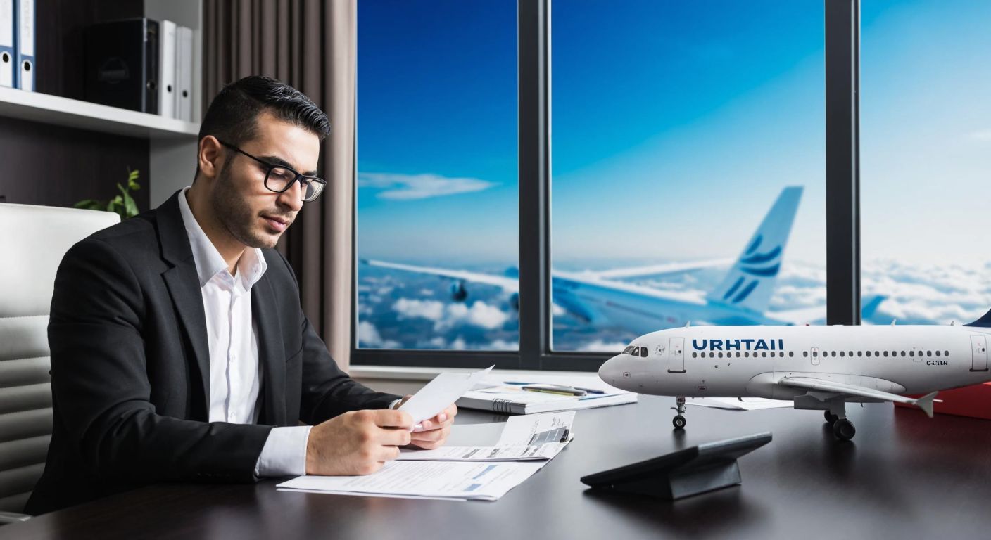 A Turkish accountant in a modern office calculates VAT on an airplane ticket while a small model plane sits on the desk, with a window showing a clear blue sky.