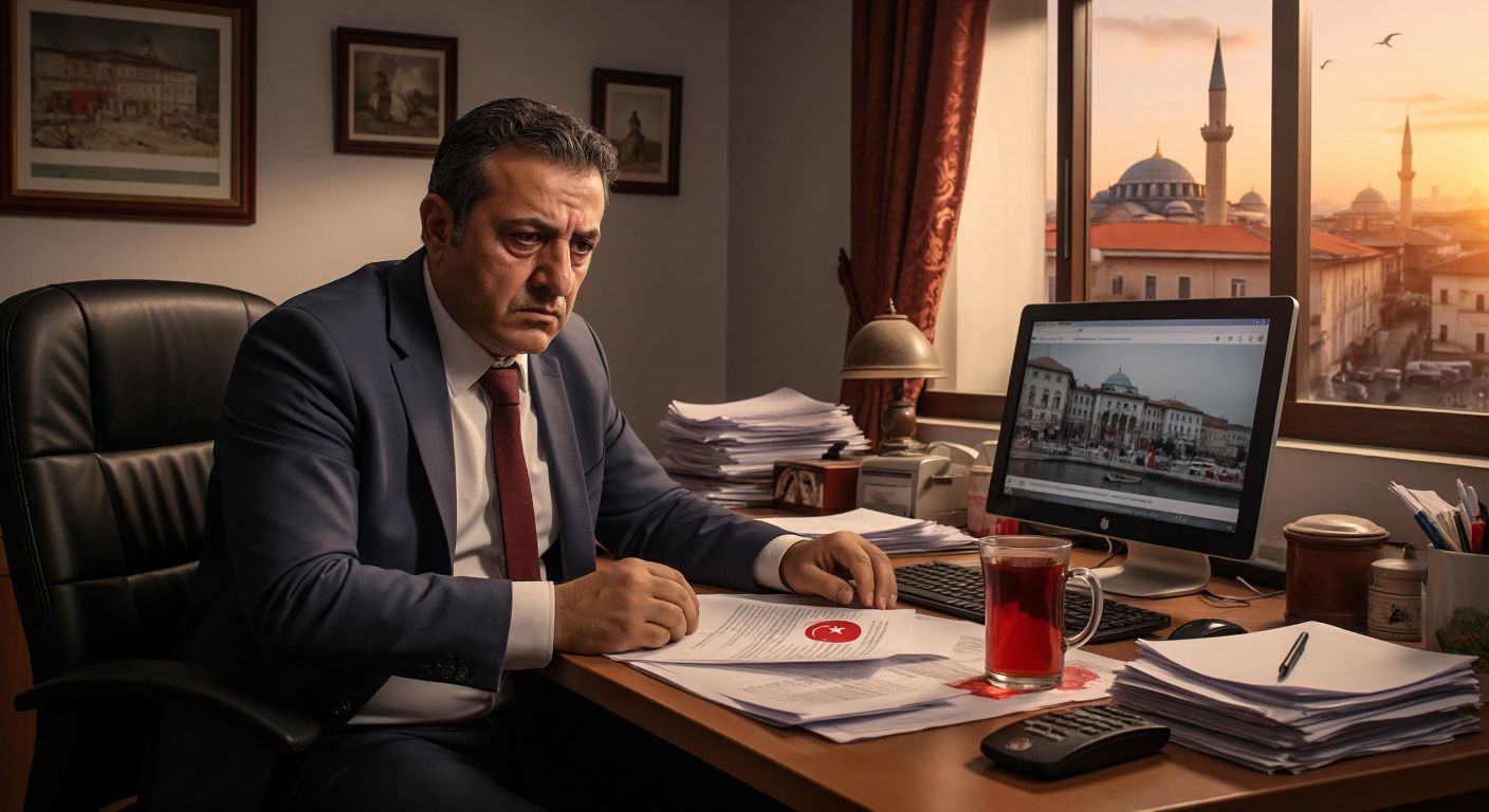 A concerned middle-aged Turkish man in a modest office setting, frowning at a computer screen displaying a government website, with a cup of Turkish tea and scattered paperwork on his desk.