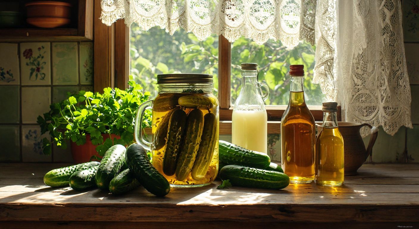 A rustic wooden table in a Turkish kitchen holds a glass jar filled with crisp kornişon pickles, surrounded by fresh cucumbers, white vinegar, and apple cider vinegar bottles, with sunlight streaming through a lace-curtained window.