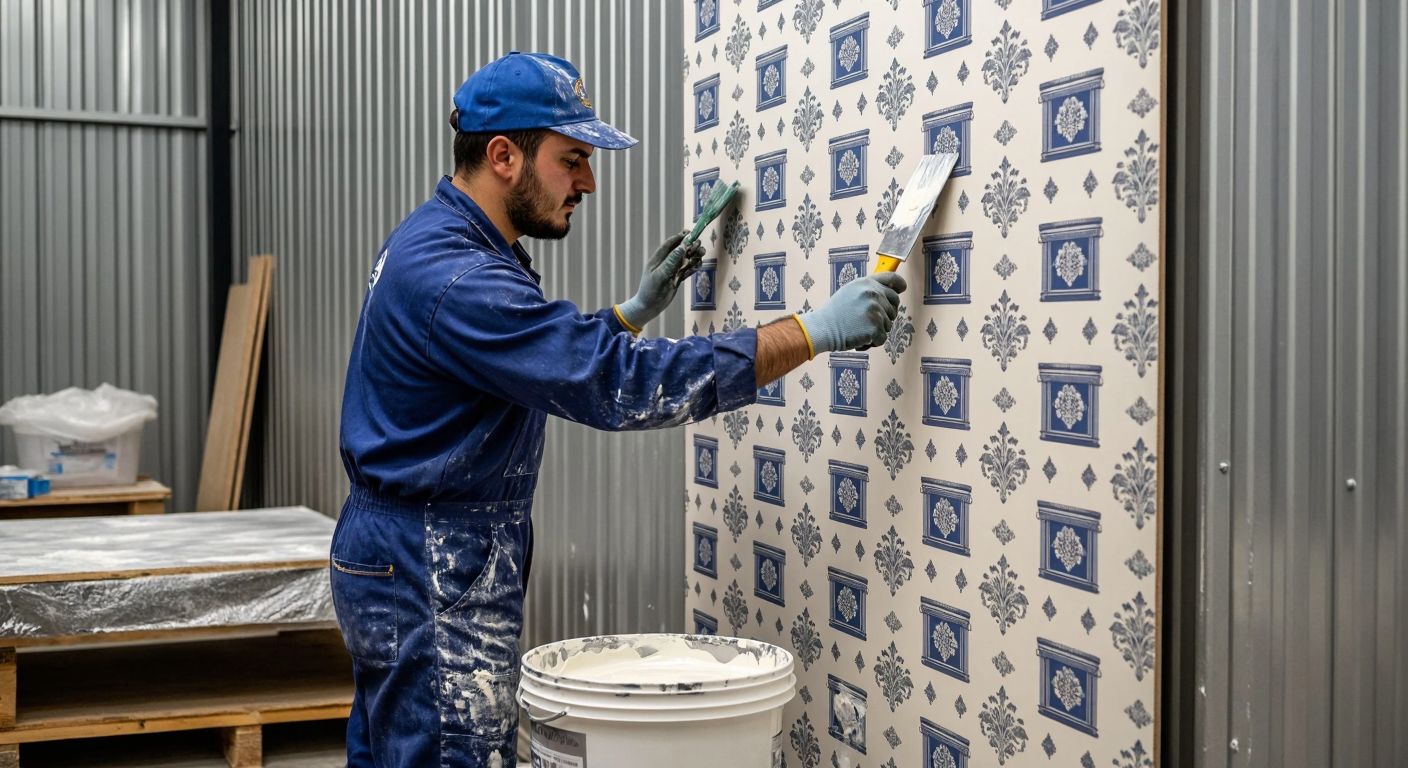 A Turkish worker in a blue jumpsuit carefully smoothens a large, patterned container wallpaper onto a clean metal wall using a spatula, with a bucket of adhesive and tools nearby.