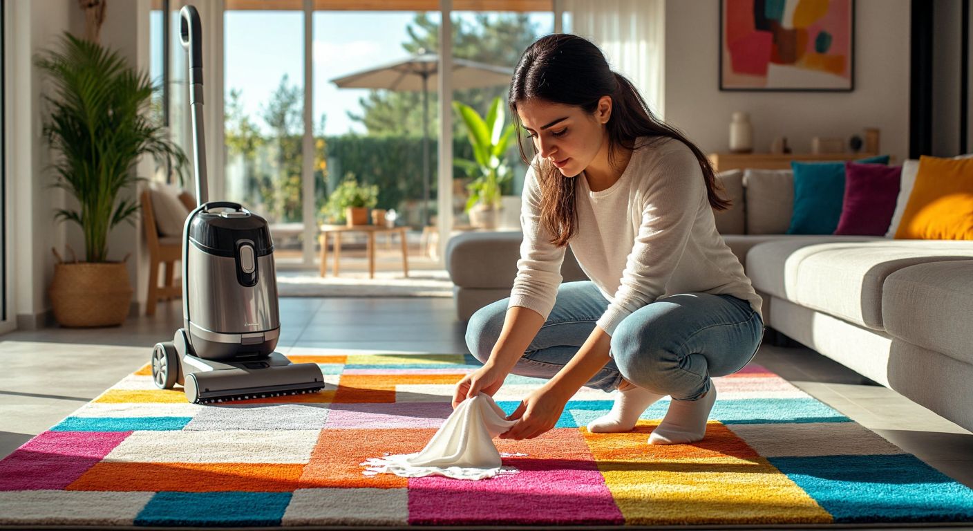 A Turkish woman in a bright, modern living room kneels on a colorful patchwork carpet, carefully blotting a spilled drink with a white cloth while an upright vacuum cleaner stands nearby.