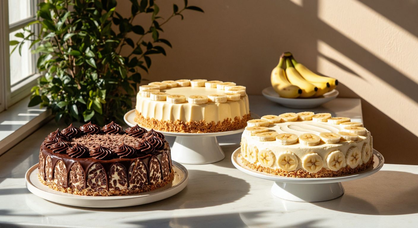 A vibrant Turkish kitchen counter displays three distinct pastries—a chocolatey mozaik pasta with crumbled biscuits, a creamy M-shaped cake decorated with swirls, and a layered magnolia cake topped with banana slices—all bathed in warm sunlight.