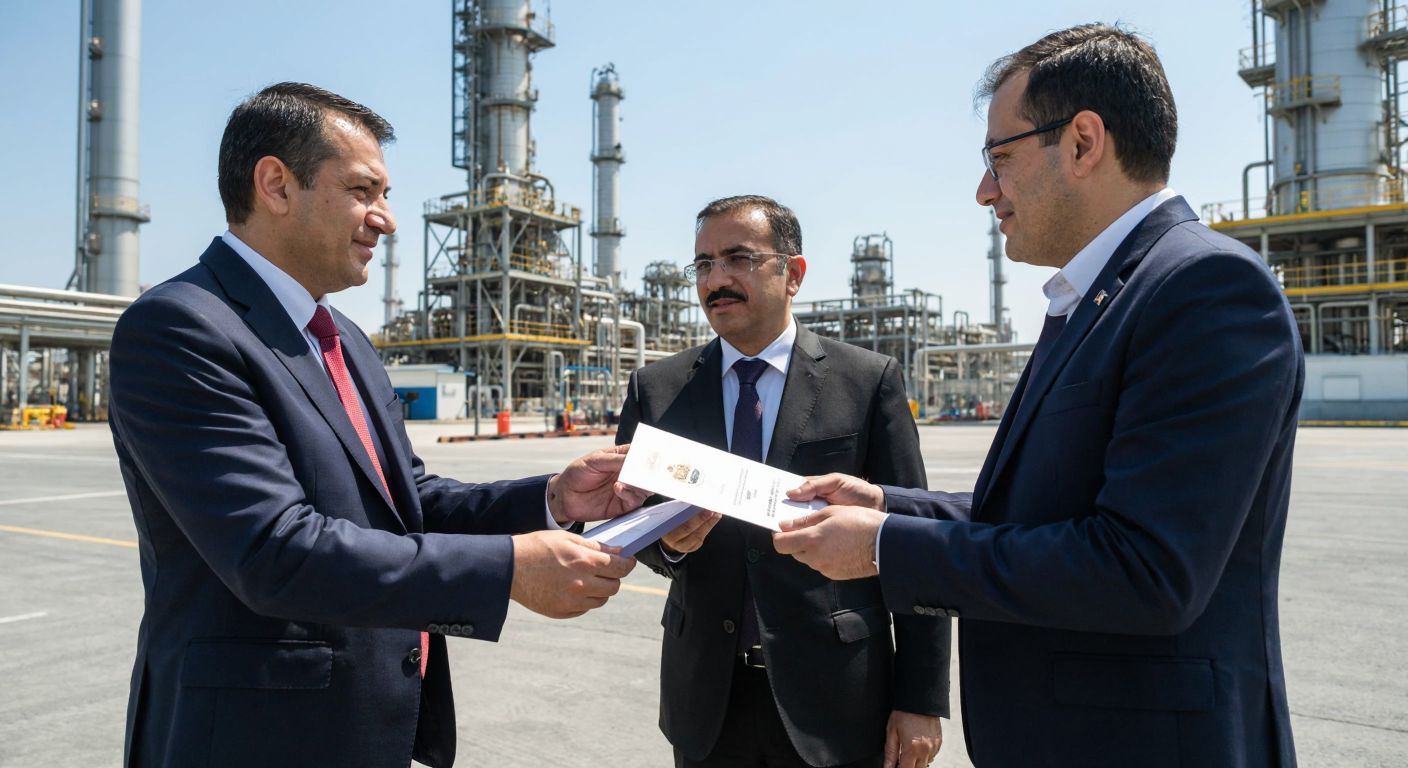 A solemn Turkish government official in a formal suit hands a stamped license document to a businessman in front of a bustling oil refinery under a clear blue sky.