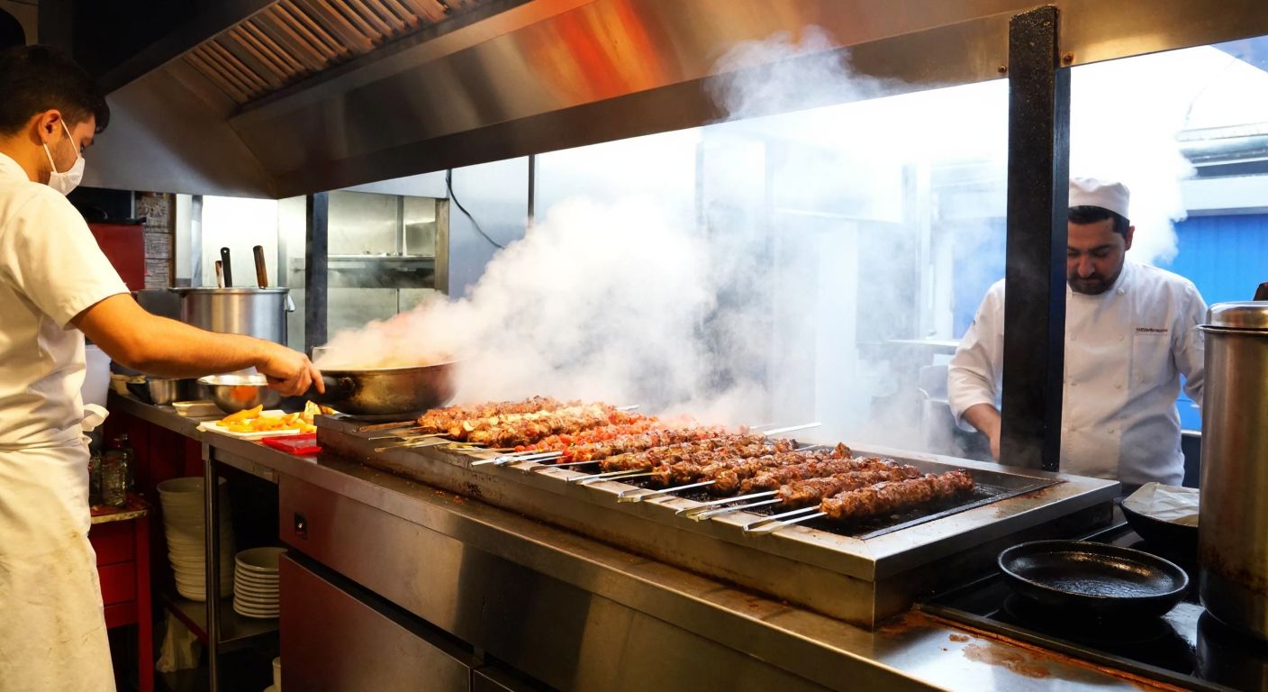 A bustling Turkish kebab restaurant with a steaming machine emitting warm vapor near sizzling skewers of meat, while a chef in a white apron wipes down a counter with a cloth damp from steam.