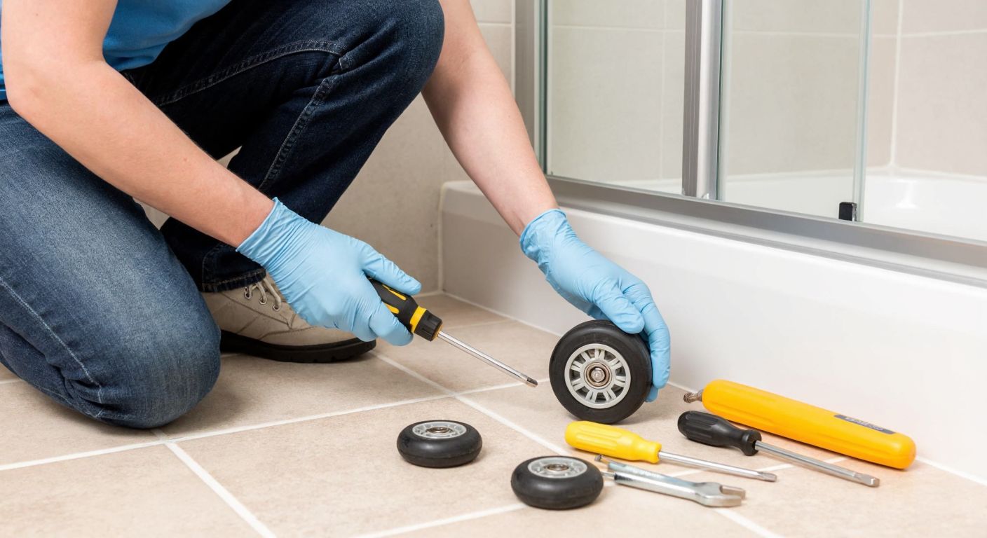 A person wearing gloves carefully removes a shower cabin wheel with a screwdriver while kneeling on a tiled bathroom floor, with new wheels and tools laid out neatly beside them.