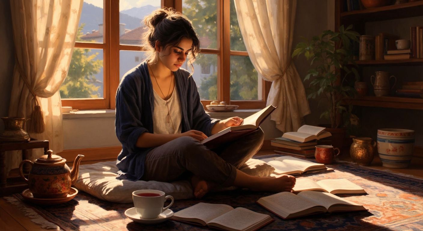 A young Turkish person sits cross-legged on a cozy rug in a sunlit room, deeply engrossed in a book while a steaming cup of çay rests beside them, surrounded by scattered notes and a dream journal.