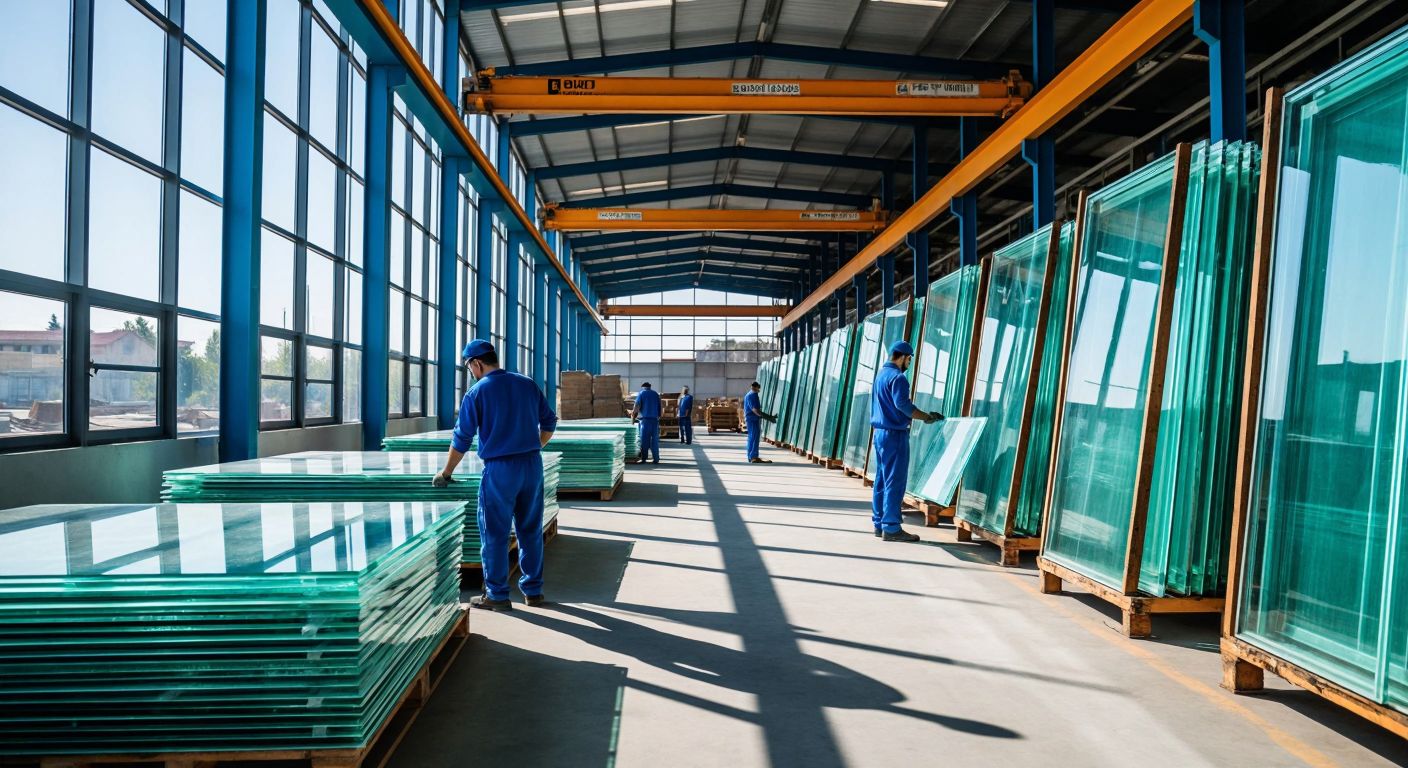 A modern glass factory in Turkey with workers in blue uniforms inspecting freshly produced panes under bright sunlight, surrounded by stacks of clear glass sheets ready for shipment.