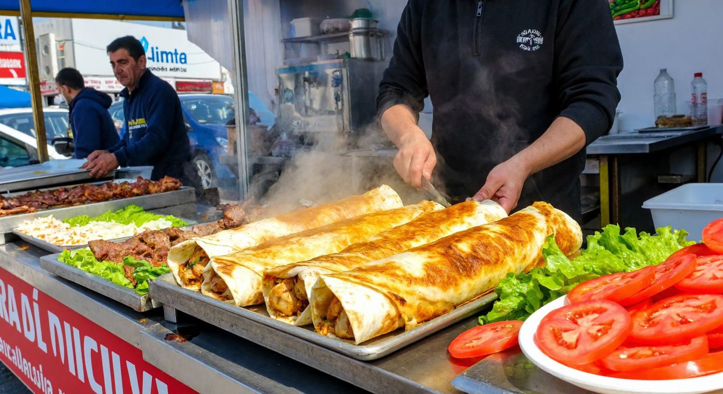 A bustling street food stall in Denizli's Pamukkale, with a vendor wrapping a golden-brown ranch chicken dürüm in warm lavash, surrounded by the steam of sizzling meat and the vibrant colors of fresh vegetables.