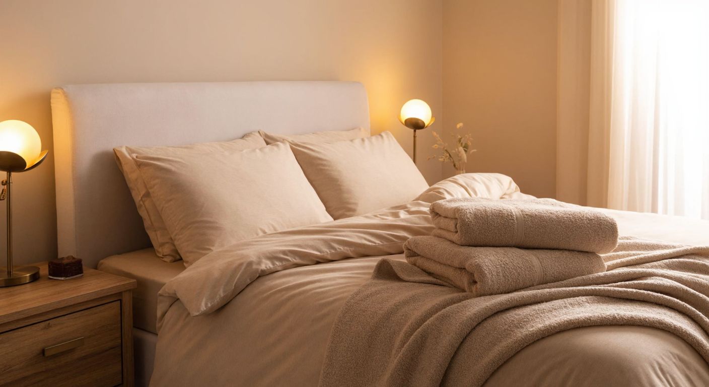 A cozy double-sized bed with a neatly arranged cream-colored bedding set in a warm, softly lit Turkish bedroom, featuring two plush pillows and a folded blanket at the foot of the bed.