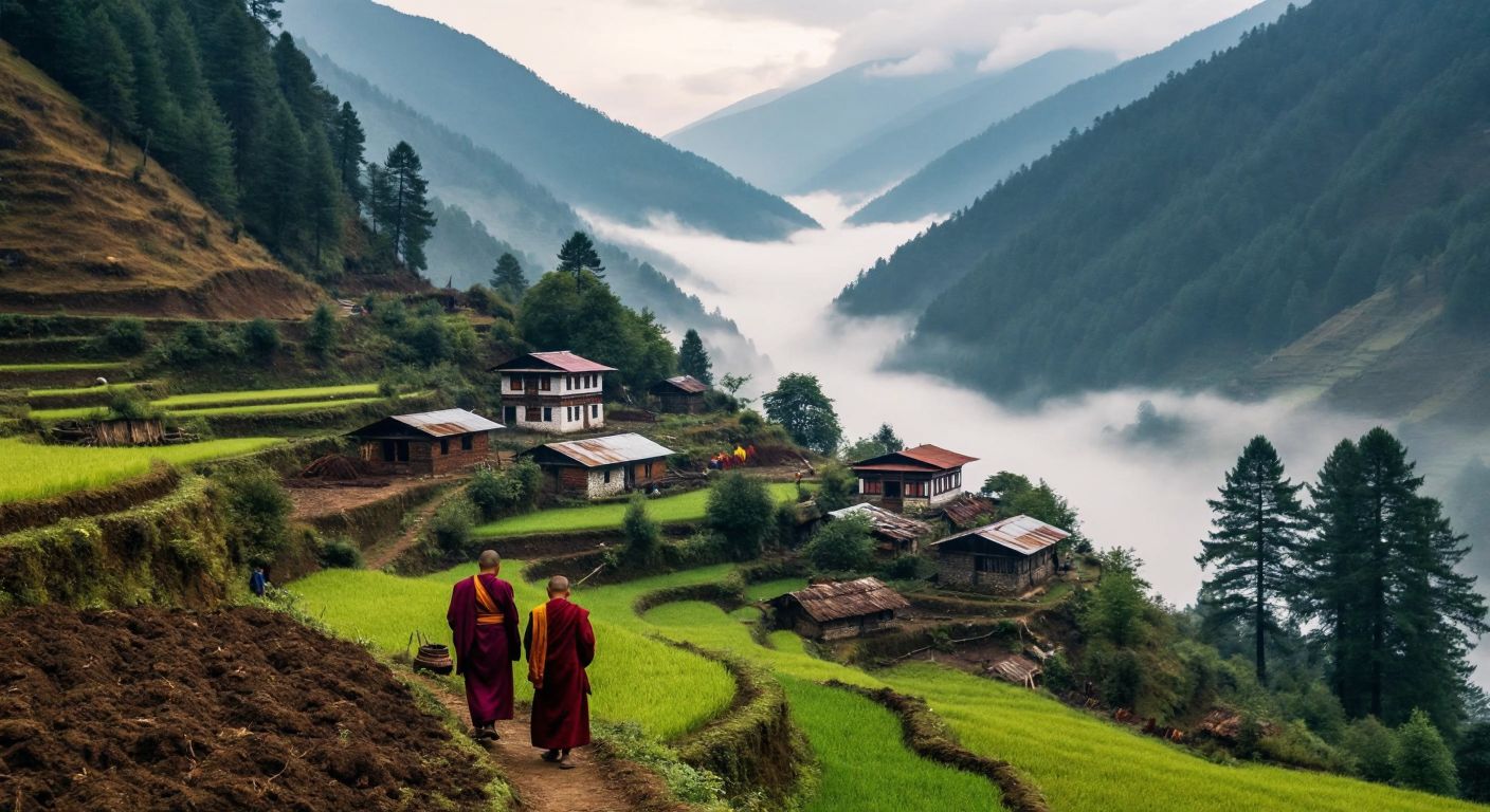 A misty Himalayan valley with simple wooden houses, farmers tending terraced fields, and monks in maroon robes walking past lush forests, reflecting Bhutan's isolation and environmental policies.