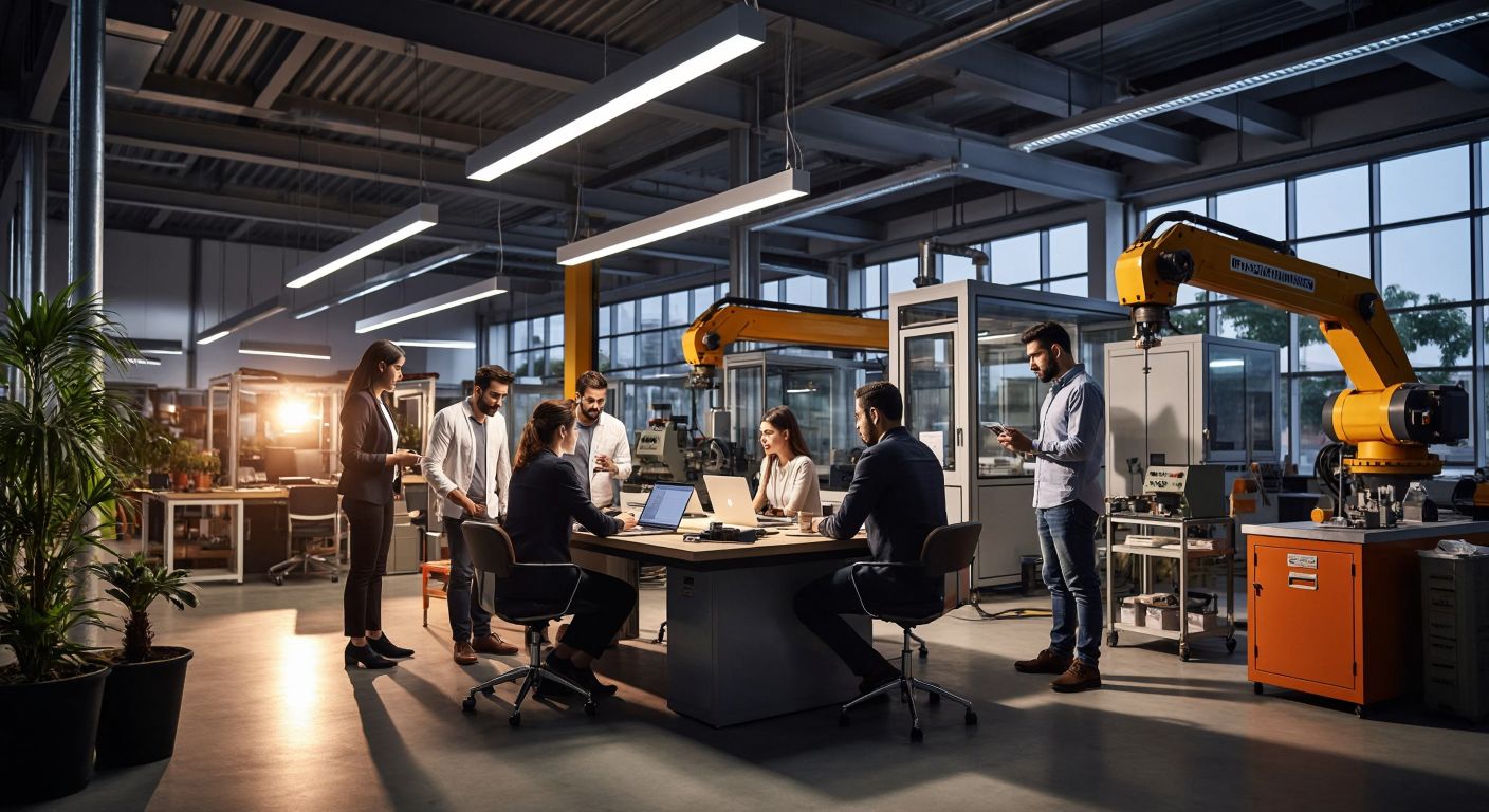 A modern office in Turkey with professionals discussing digital marketing strategies over laptops, while in the background, a factory showcases precision metal-cutting machinery and a surveyor measures distances with an electronic device in a sunny outdoor setting.
