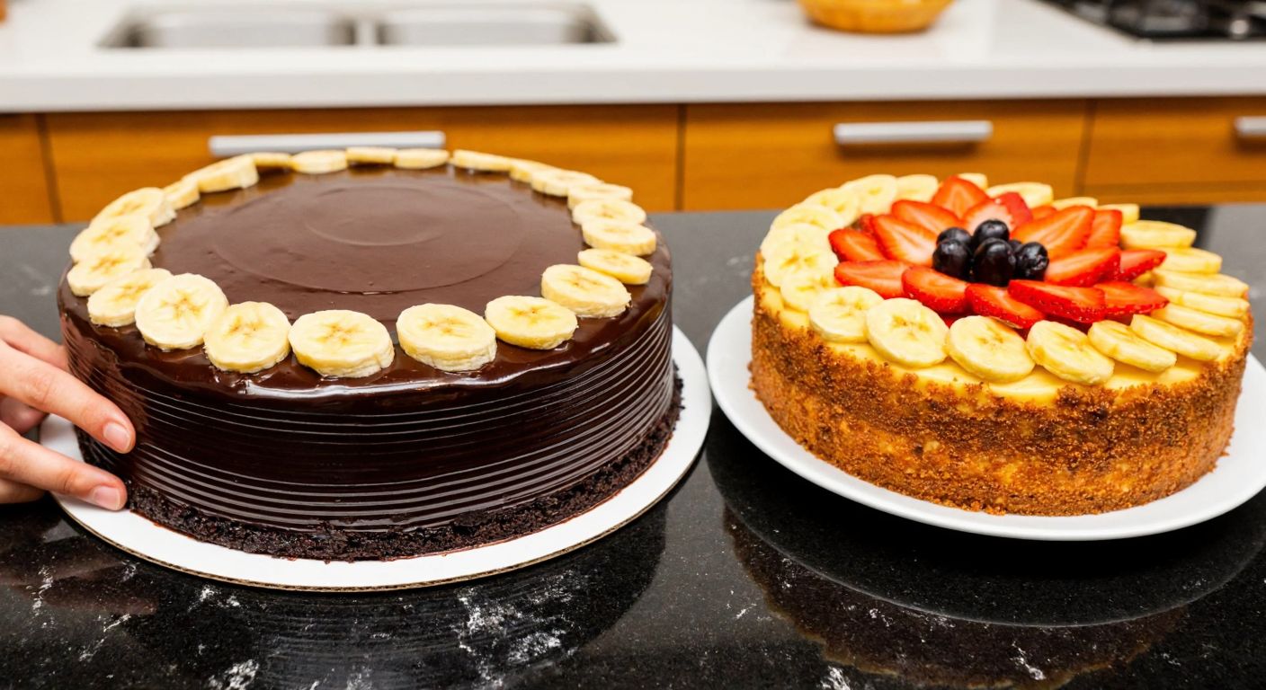 A vibrant Turkish kitchen counter displays two freshly baked birthday cakes—one rich chocolate cake with glossy ganache and the other a creamy banana cake topped with sliced fruit—while a hand hovers indecisively between them.