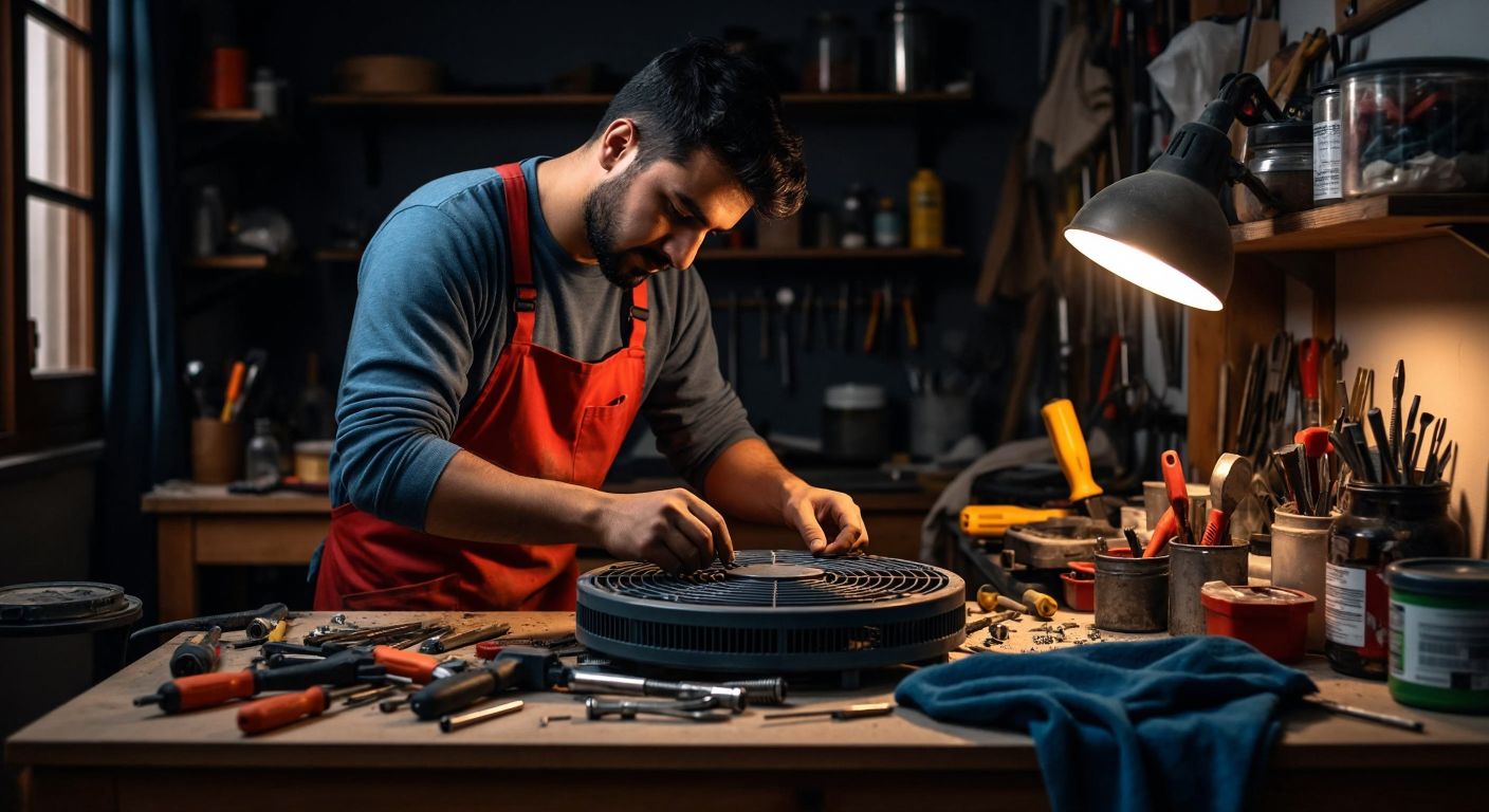 A focused Turkish man in a cozy home workshop carefully disassembles a fan heater with insulated tools, surrounded by scattered screws and a clean cloth for dusting the fan blades.