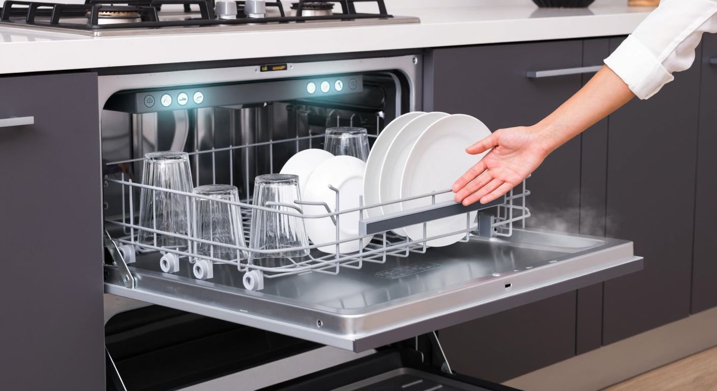 A modern Turkish kitchen with an Altus dishwasher half-open, steam gently rising from clean plates and glasses inside, while a person's hand hovers over the control panel with three glowing buttons representing different washing programs.