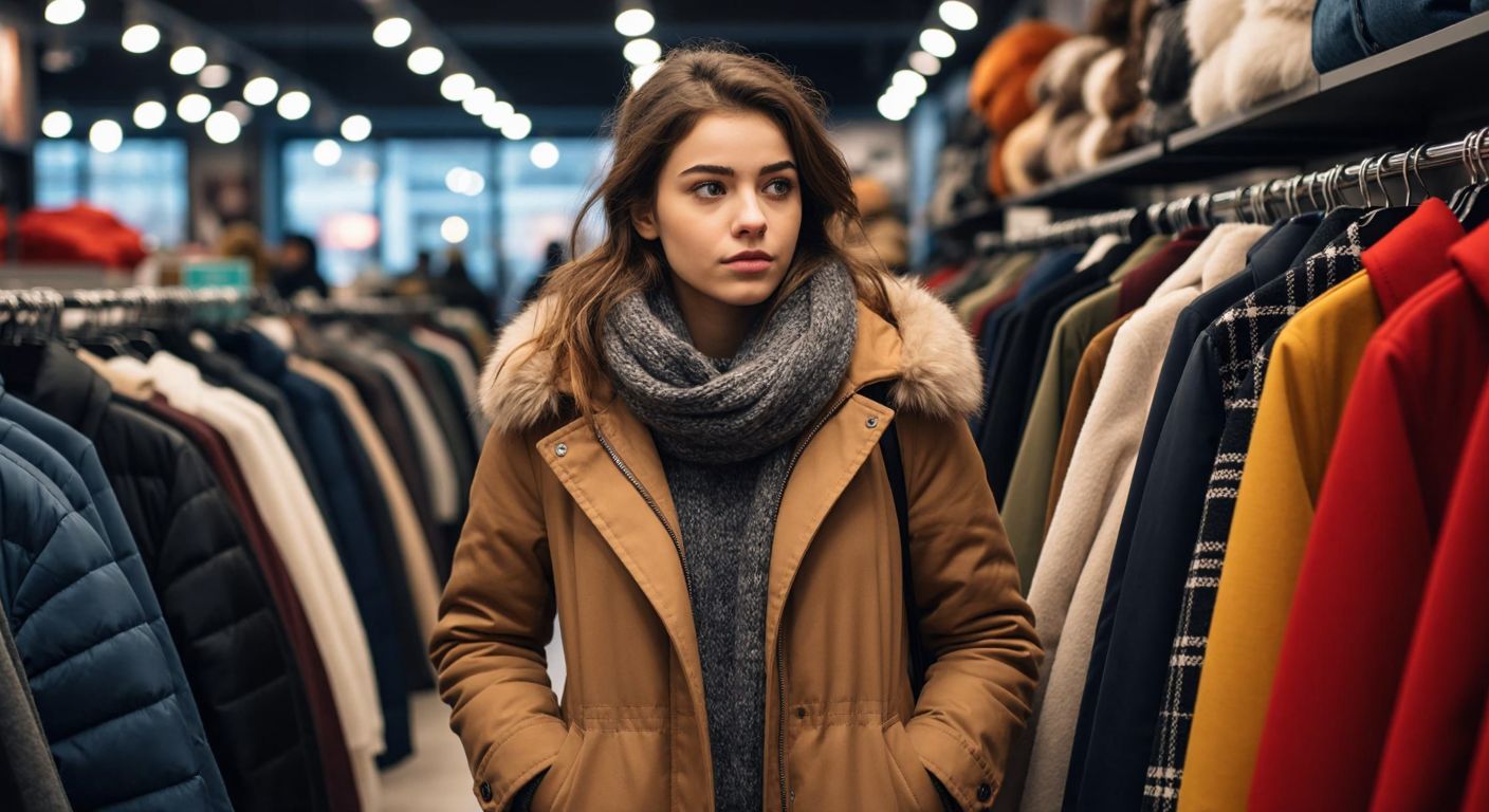 A young woman in a stylish winter coat browses through a rack of discounted jackets in a brightly lit Turkish clothing store, her expression curious and hopeful.