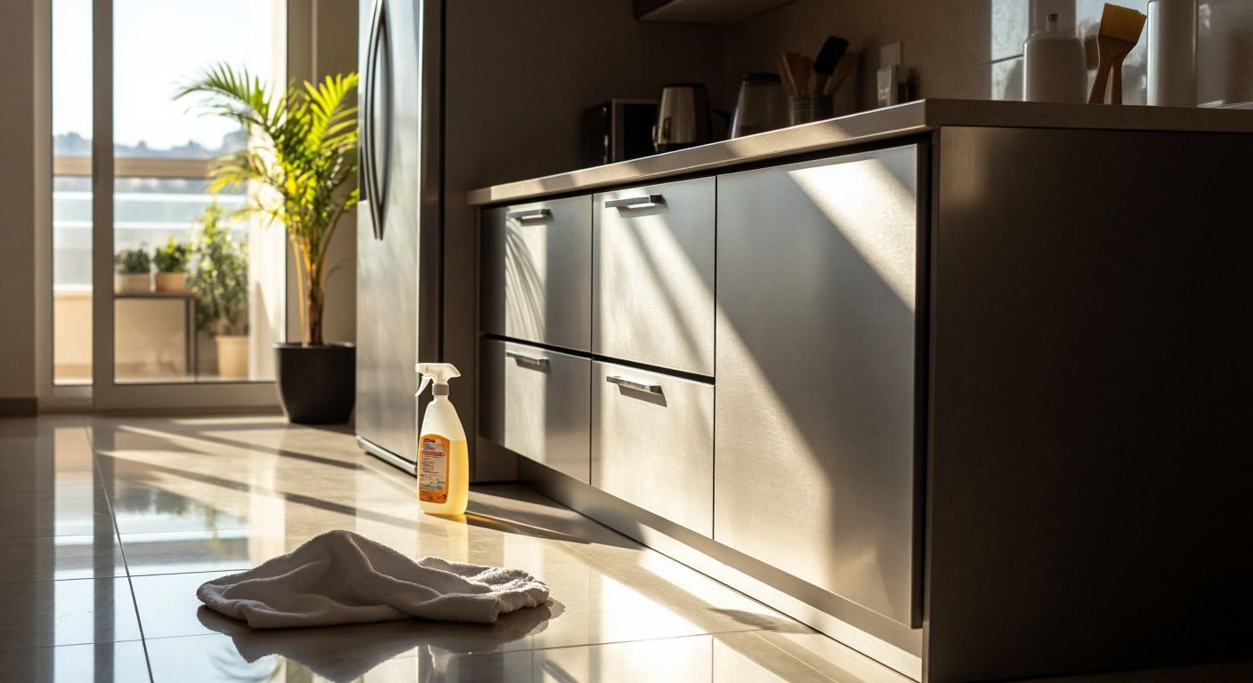 A modern stainless steel kitchen cabinet in a sunlit Turkish home, its surface slightly yellowed from sunlight exposure, with a bottle of cleaning spray and a greasy cloth nearby.